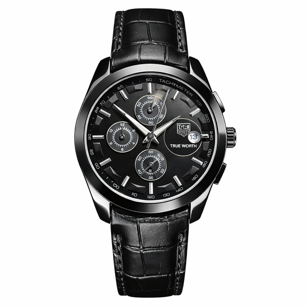 True Worth Original Chronograph Leather Strap Watch - Full Black