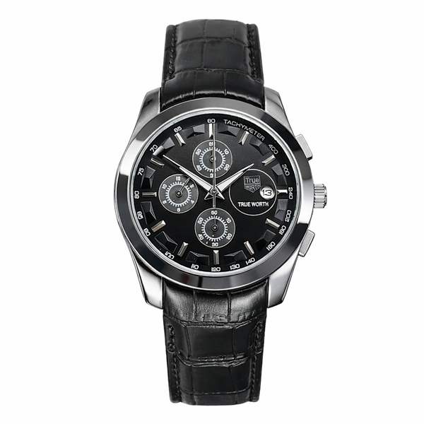 True Worth Original Chronograph Leather Strap Watch - Black-Silver