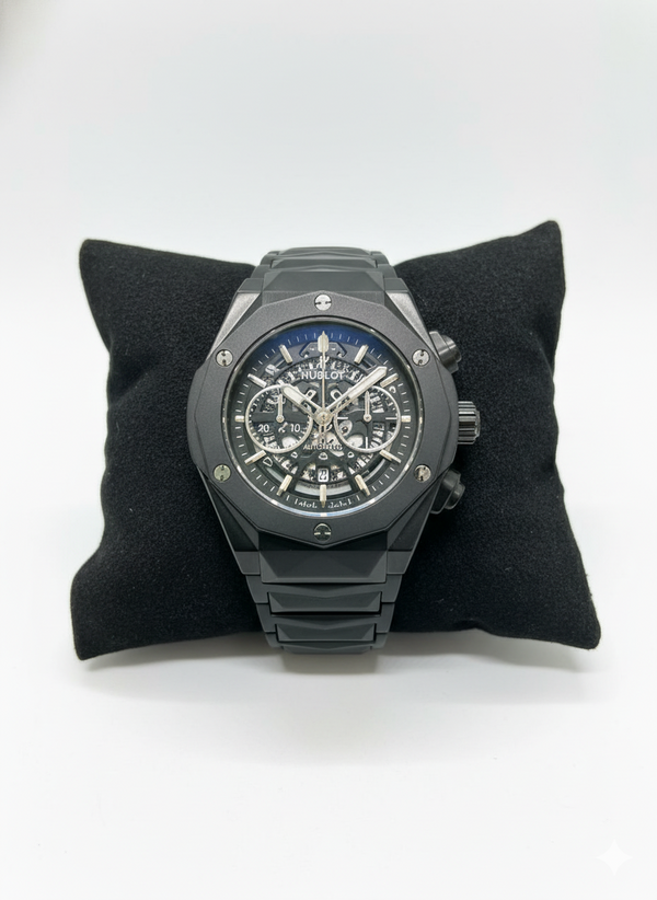 Hublot Black Luxury Skeleton Chronograph Watch with Stainless Steel Bracelet
