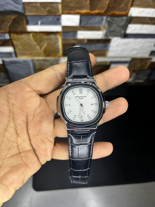 Patek Nautilus Leather Strap Master Lock - Black-White