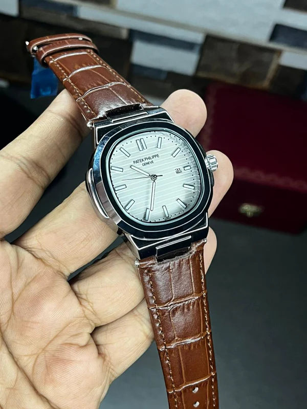 Patek Nautilus Leather Strap Master Lock - Brown-White